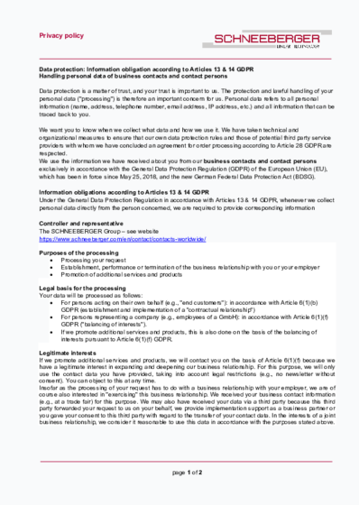Art. 13 and 14 - Business contacts and contact persons - SCHNEEBERGER Group - 
