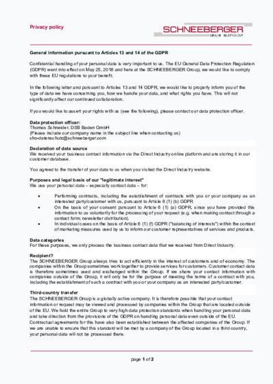 Art. 13 and 14 - Direct Industry - SCHNEEBERGER GmbH - Germany - 