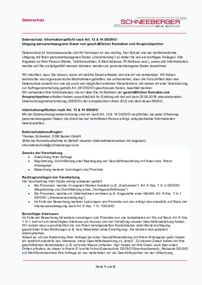 Art. 13 and 14 - Business contacts and contact persons - SCHNEEBERGER GmbH - Germany - 
