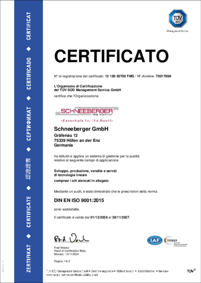 IT_ISO_9001:2015 Schneeberger GmbH - Höfen, Bessenbach, Magdeburg, Germany, Certificate in Italian