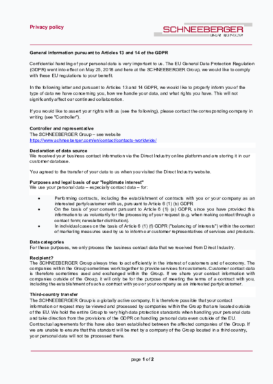 Art. 13 and 14 - Direct Industry - SCHNEEBERGER Group - 