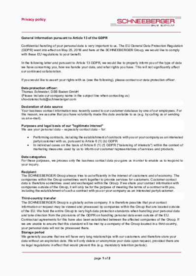 Art. 13 - Manually created contacts - SCHNEEBERGER GmbH - Germany - 