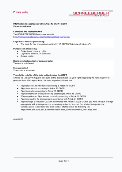 Art. 13 and 14 - Video surveillance SCHNEEBERGER AG - Switzerland - 