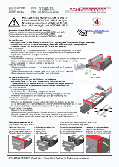 Mounting notes MONORAIL MR4S - Mounting notes MONORAIL - Carriages MR4S