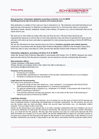 Art. 13 and 14 - Business contacts and contact persons - SCHNEEBERGER GmbH - Germany - 