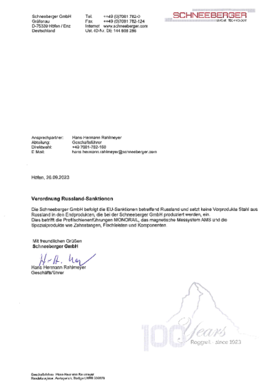 Bestätigung Russland Sanktionen - SCHNEEBERGER GmbH - 