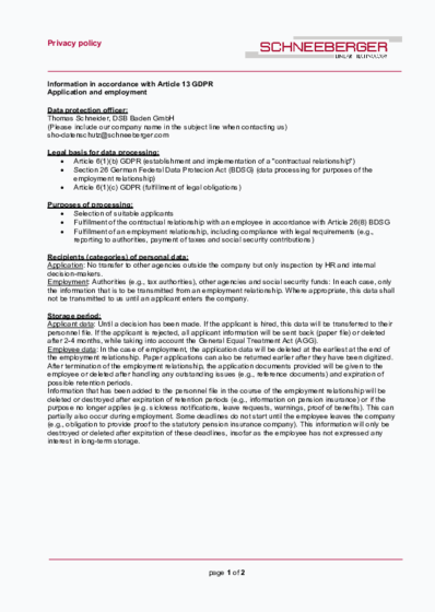 Art. 13 - Application and employment - SCHNEEBERGER GmbH - Germany - 