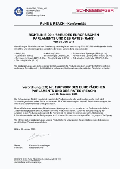 RoHS & REACH - Compliance - SCHNEEBERGER GmbH, Directive 2011/65/EU, Regulation (EC) No 1907/2006