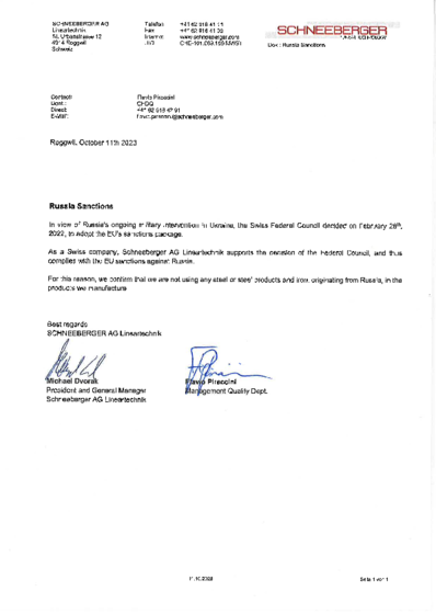 Confirmation Russia Sanctions - SCHNEEBERGER AG - 