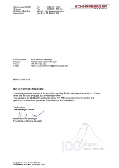 Confirmation Russia Sanctions - SCHNEEBERGER GmbH - 