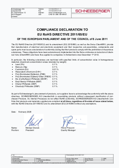 RoHS - Konformität - SCHNEEBERGER AG, Richtlinie 2011/65/EU, Englisch
