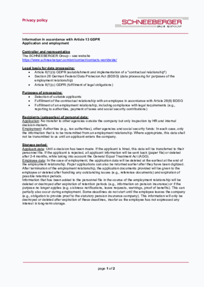Art. 13 - Application and employment_SCHNEEBERGER Group - 