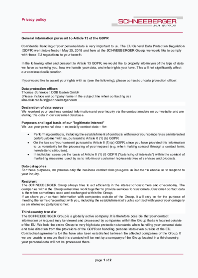 Art. 13 and 6 - Contact form website - SCHNEEBERGER GmbH - Germany - 